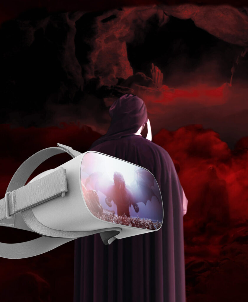 Locandina de La Divina Commedia VR: l'Inferno, un viaggio immersivo, cortometraggio in 3d realizzato da ett, in primo piano un visore vr, sullo sfondo l'inferno di dante sui toni del rosso