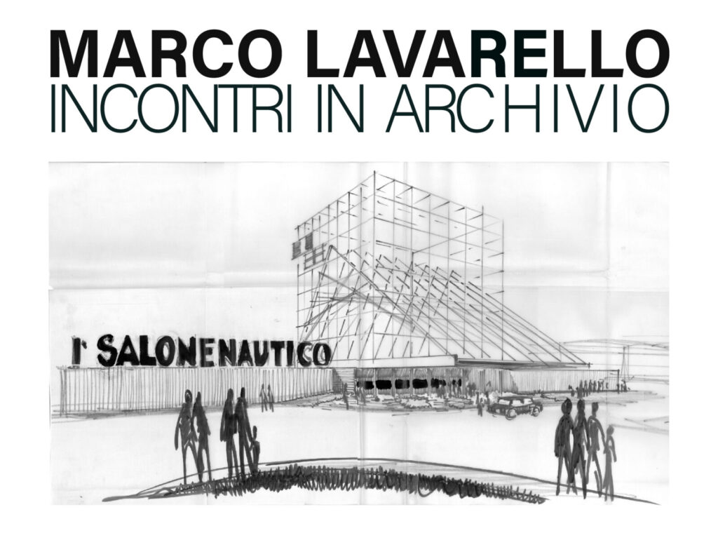 Locandina, con disegnato uno schizzo a pennarello nero del salone nautico, di Incontri in archivio per Marco Lavarello