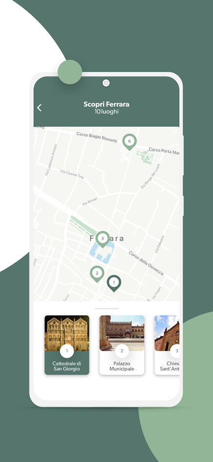 schermata dell'app scopri ferrara mockup in cui si vede la mappa e i punti di interesse della città