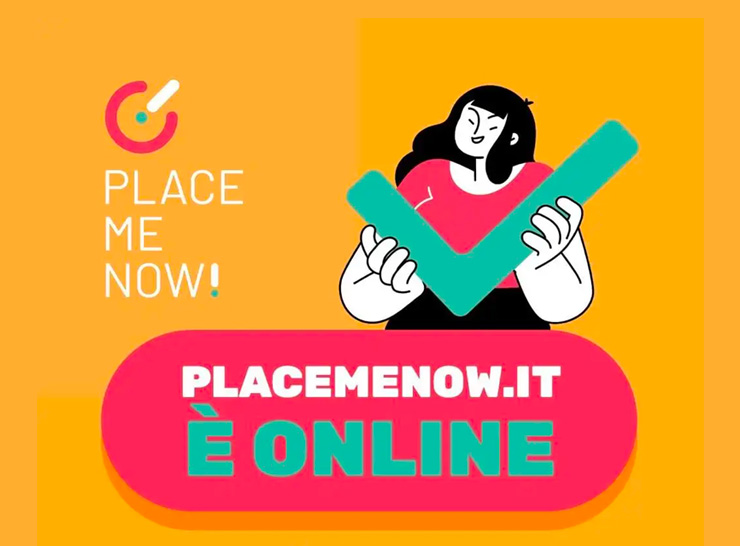 info grafica per il sito placemenow con il suo logo per indicare che il sito online