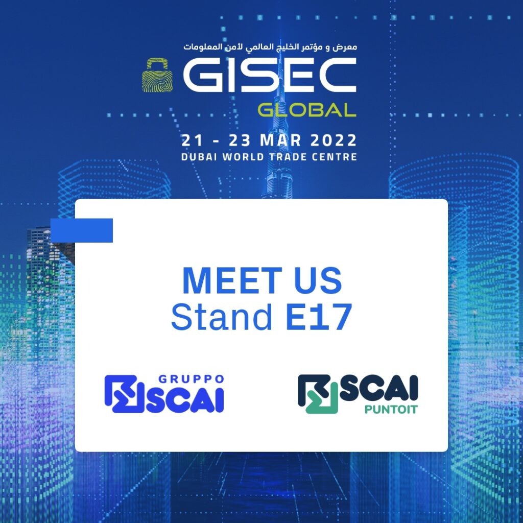 Locandina ufficiale di Gisec con l'indicazione dello stand del Gruppo SCAI, Dubai 2022