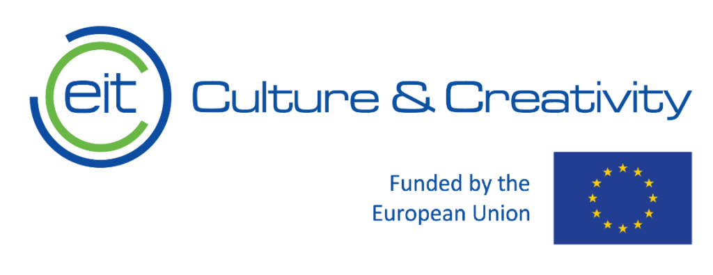 Logo welcoming eit culture & creativity, di cui consorzio fa parte Ett, comunità della conoscenza e dell'innovazione dell'Istituto Europeo di Innovazione e Tecnologia (EIT), con la bandiera dell'unione europea