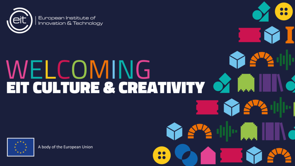 Locandina welcoming eit culture & creativity, di cui consorzio fa parte Ett, comunità della conoscenza e dell'innovazione dell'Istituto Europeo di Innovazione e Tecnologia (EIT), sulla destra simboli stilizzati colorati