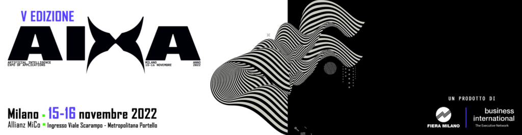 locandina di aixa 2022 con sfondo bianco e nero, evento milanese che ha visto la presentazione di alia, start up di Gruppo Meta, società del gruppo ETT