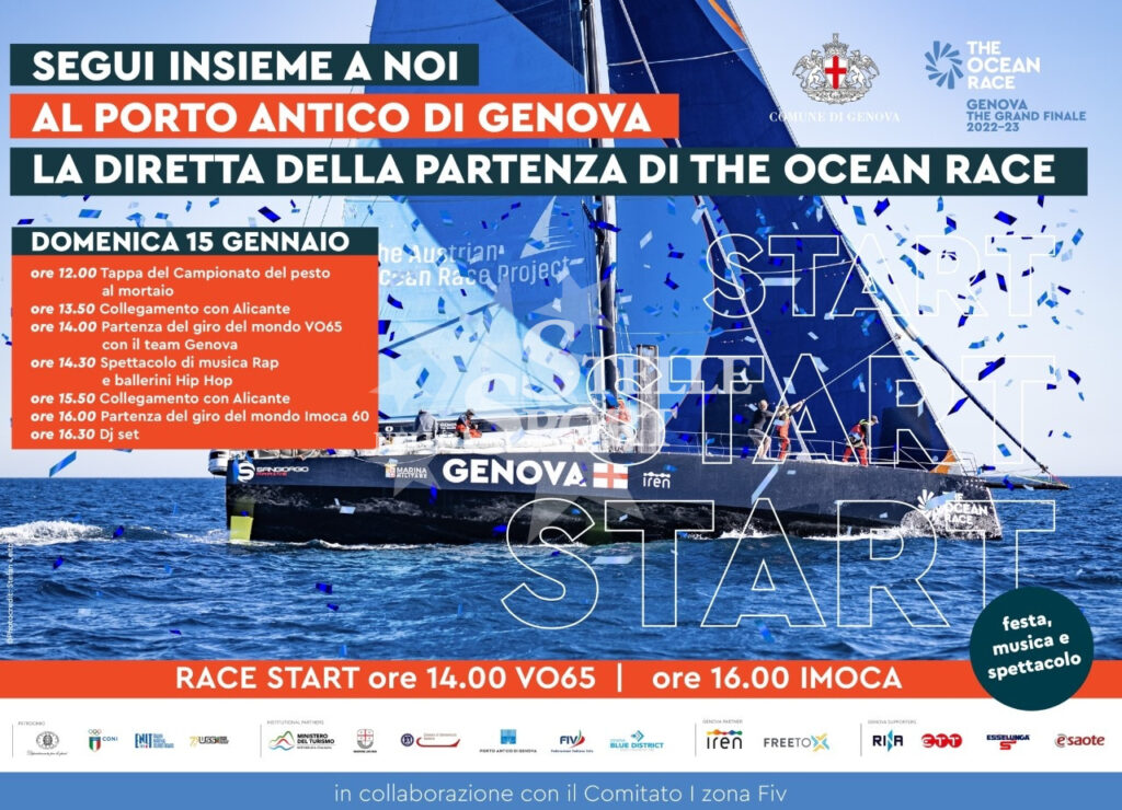 Locandina della giornata del 15 gennaio che invita seguire al porto antico di Genova la diretta della partenza di the ocean race, logo di ett in basso a destra