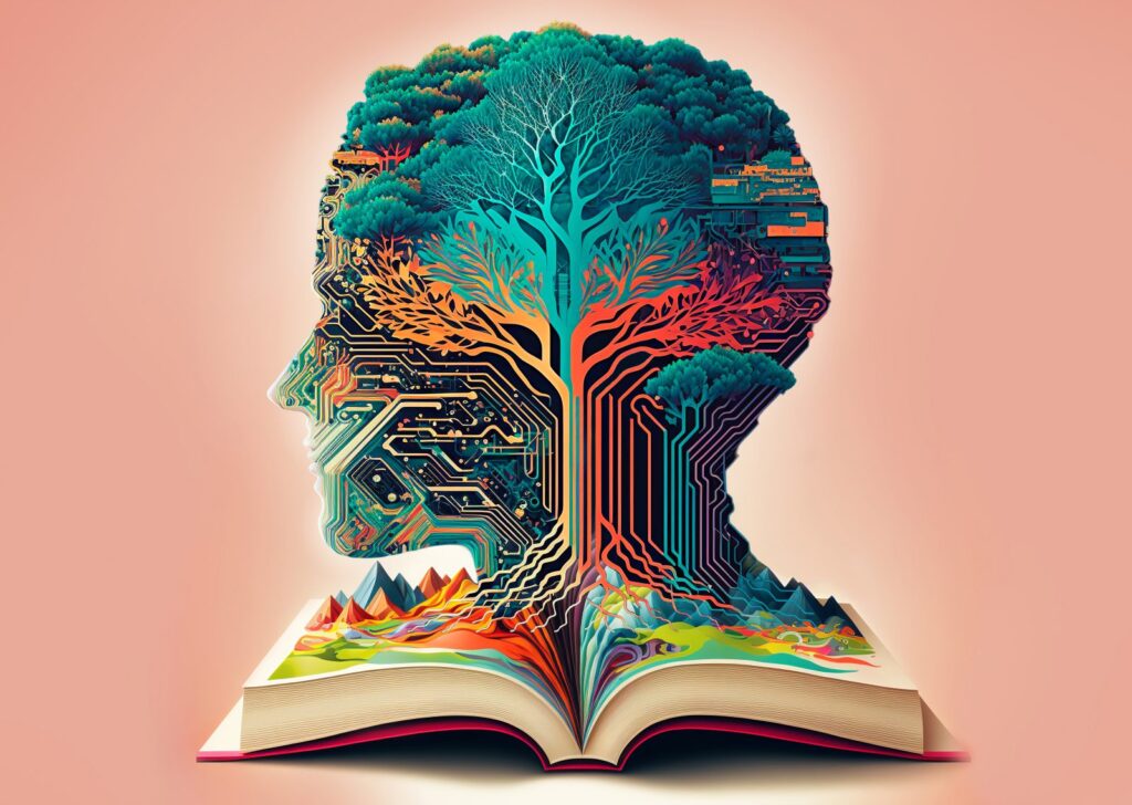 libro colorato con montagne, da cui si estende un albero a formare una testa d'uomo
