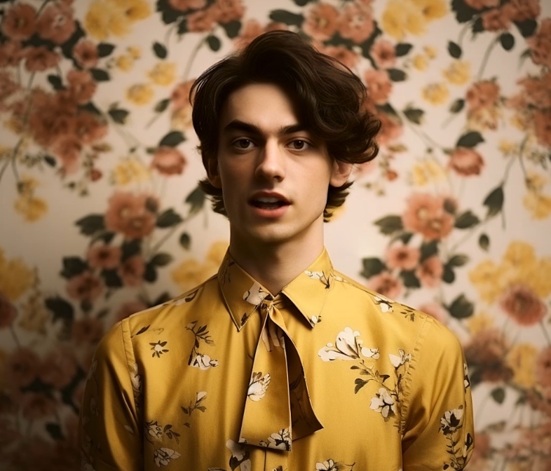mezzo busto di un ragazzo in primo piano su uno sfondo con carta a parati floreale