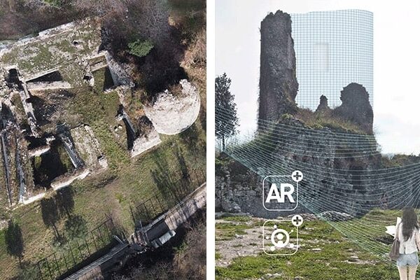due immagini distinte: sulla sinistra parte di rovine viste dall'alto, sulla destra una riproduzione futuristica, attraverso un render, di una zona in rovina con una ragazza al centro e in alto un drone che vola in cielo