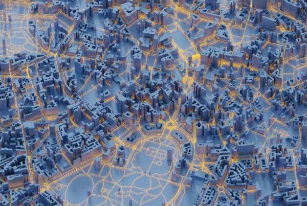modellazione 3D di una città vista dall'alto con le strade illuminate da linee fluorescenti