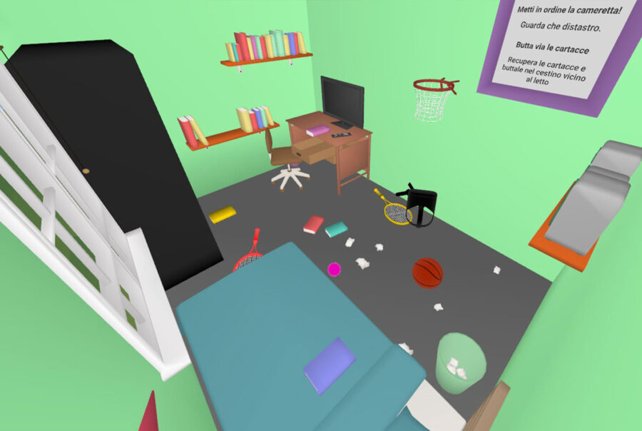 camera del videogioco quotidianamente in disordine con cartacce e libri per terra, nell'angolo una scrivania con monitor e due mensole appese alla parete con dei libri sopra
