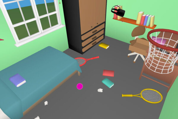 immagine della stanza da letto in disordine di un adolescente parte del videogioco per il progetto quotidianamente, sul letto e per terra cartacce, libri e racchette da tennis, sulla destra appeso al muro un cesto da basket, una scrivania e una mensola con dei libri sulla parete in fondo e nell'angolo un armadio