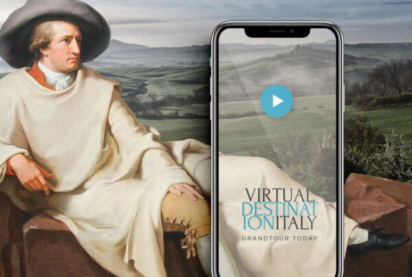 mockup per cellulare di virtual destination italy grandtour today, sullo sfondo personaggio rinascimentale semistraiato di un dipinto con dietro un paesaggio collinare