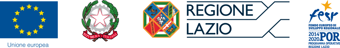 striscia di loghi da sinistra: unione europea, repubblica italiana, regione lazio, fesr fondo europeo sviluppo regionale 2014-2020 POR
