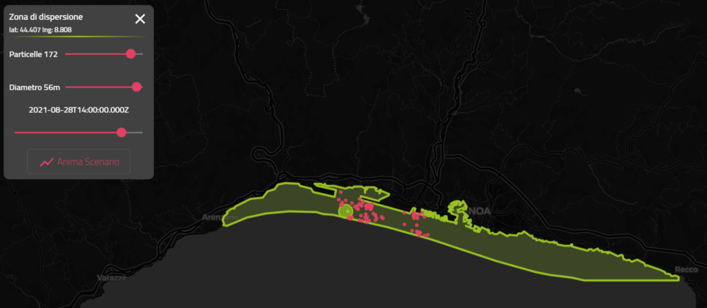 immagine di una zona di dispersione sulla mappa evidenziata in verde la zona di genova con dei puntini rossi per individuare le particelle