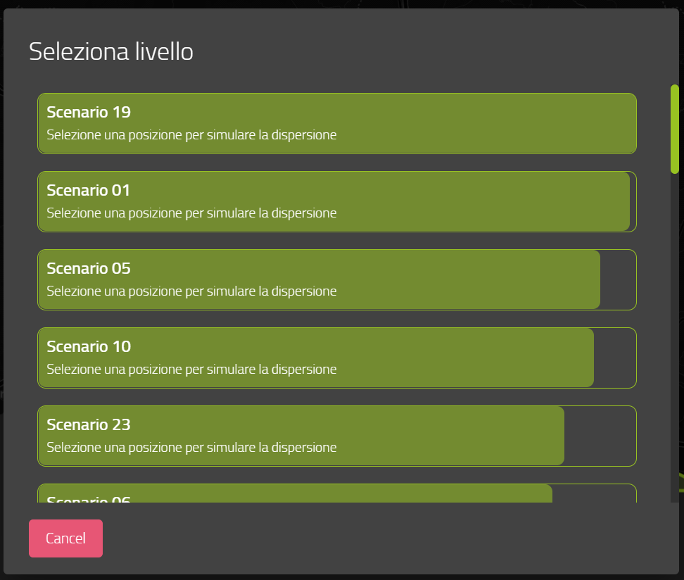 immagine di una schermata per la selezione dello scenario del progetto geremia