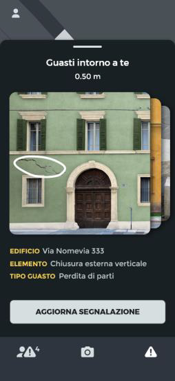 interfaccia dell'applicazione MUST per individuare i guasti intorno a te con la foto di una facciata di un edificio con una perdita di parti