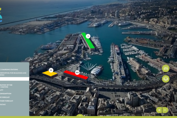 foto con vista dall'alto della zona del porto antico di genova con segnati attraverso colori le zone di interesse per il progetto dsh2030