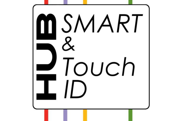 logo stid: HUB, SMART Touch ID, sullo sfondo delle linee colorate verde, rossa e lilla