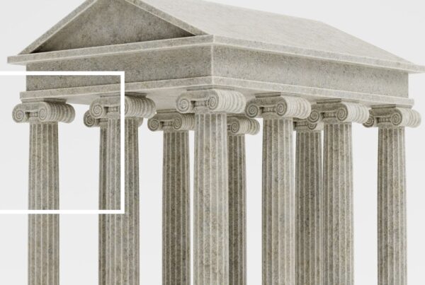 render di un tempio in marmo in cui viene inquadrato un capitello di ordine ionico