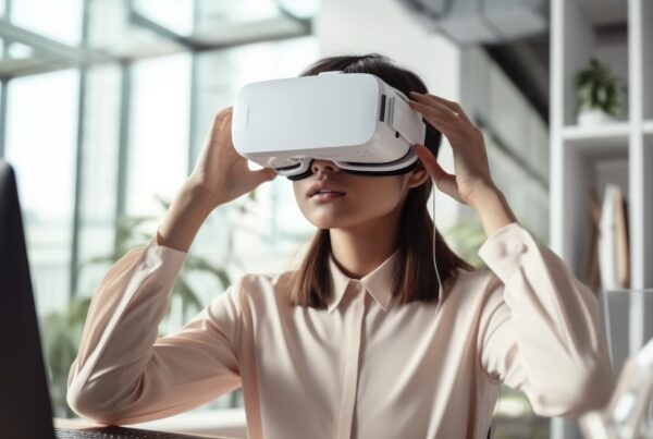 Donna che indossa visore VR in ufficio
