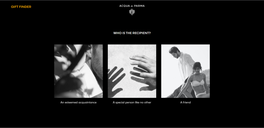 screen della schermata di un computer mentre viene utilizzata la sezione gift finder di acqua di parma