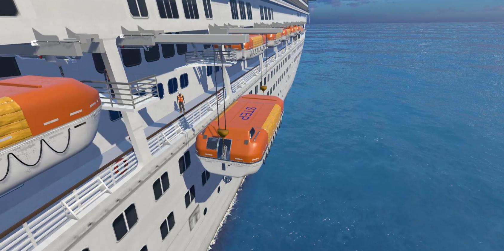 screen della schermata del progetto step, un operaio su una nave davanti alla scialuppa di salvataggio in vr (vista estena)