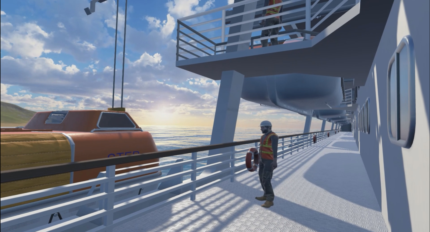 screen della schermata del progetto step, due operai su una nave davanti alla scialuppa di salvataggio in vr (vista da sopra la nave)