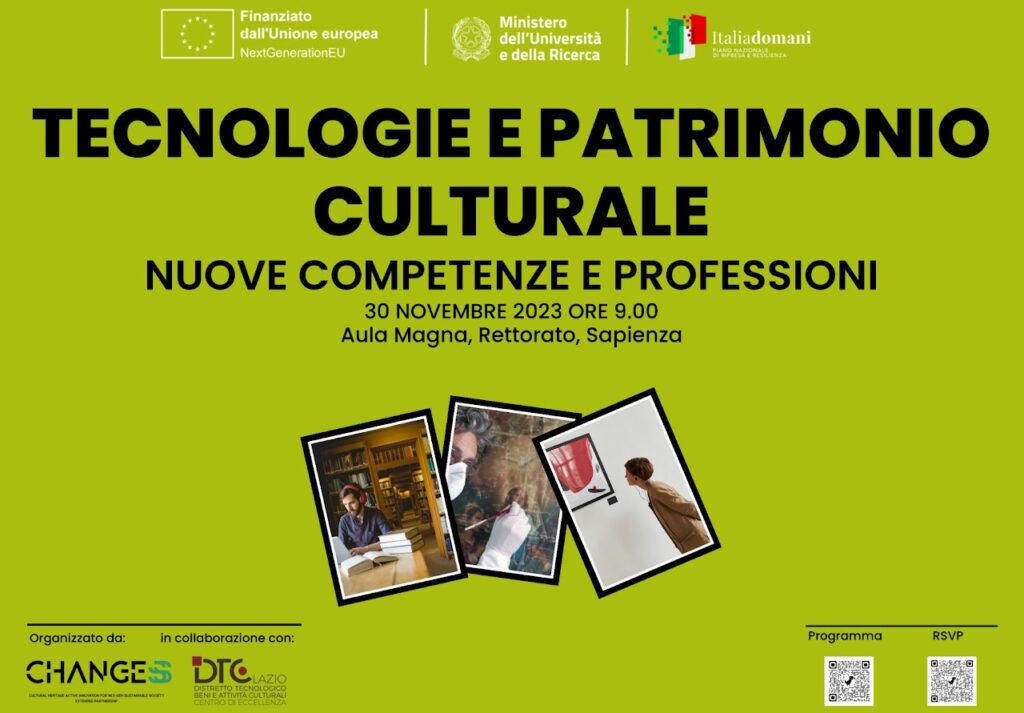 locandina tecnologie e patrimonio culturale nuove competenze e professioni, su sfondo verde, in alto striscia di logo EU, ministero dell'Università e della Ricerca, Italiadomani