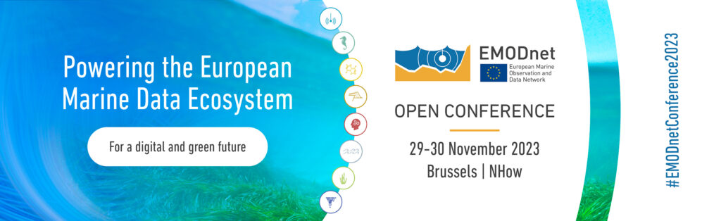 banner emodnet per la open conference dal 29-30 novembre 2023, sullo sfondo il fondale marino con le alghe