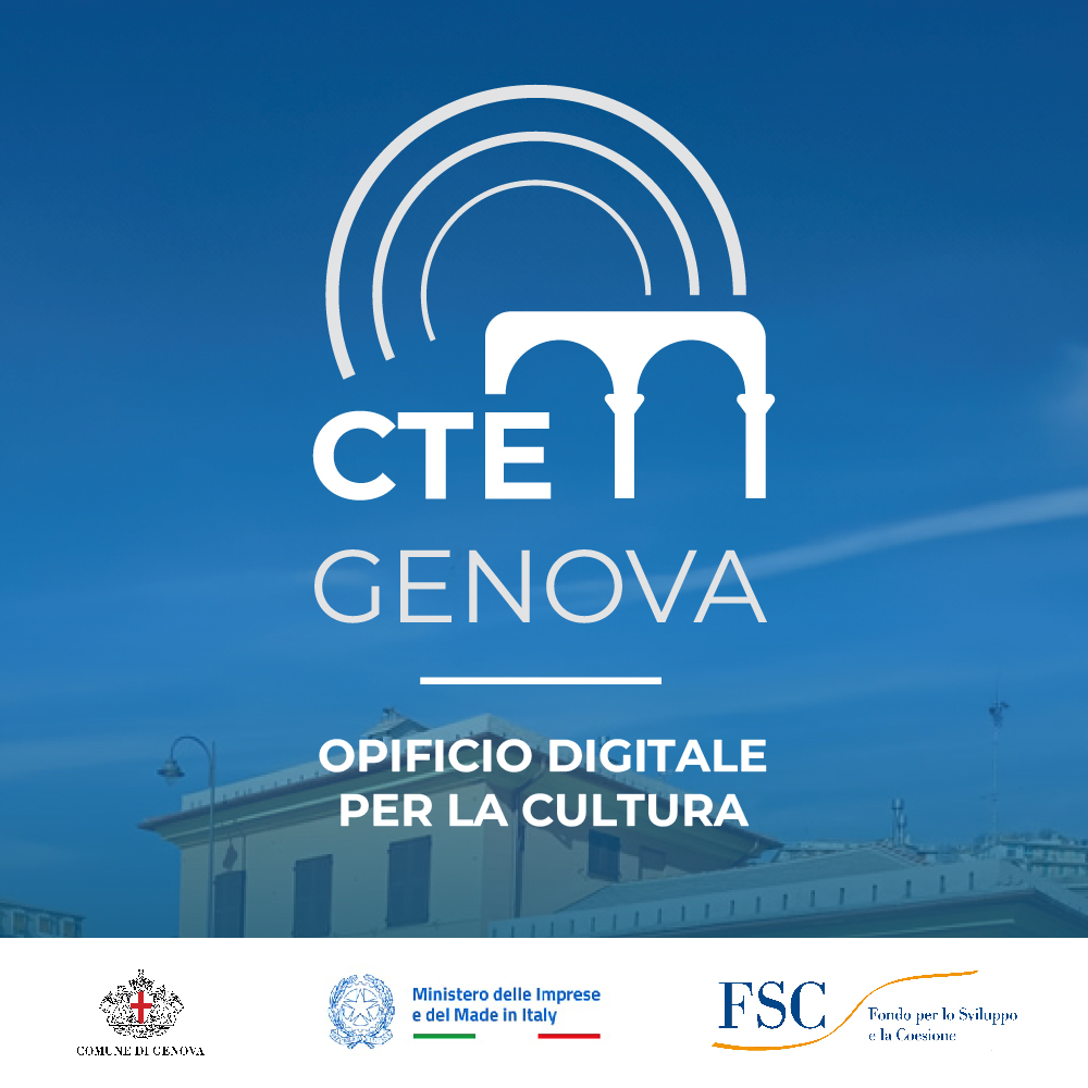 logo CTE Genova opificio digitale per la cultura, in basso loghi da sinistra del comune di genova, ministro delle imprese e del made in italy, FSC (fondo per lo sviluppo e la coesione). Sullo sfondo la foto di un palazzo dal basso e il cielo, con filtro azzurro