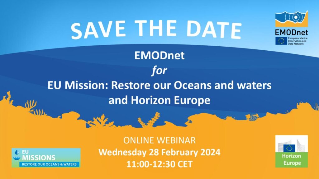 locandina EMODnet save the date per webinar online EU Mission: restore our oceans and waters and horizon europe