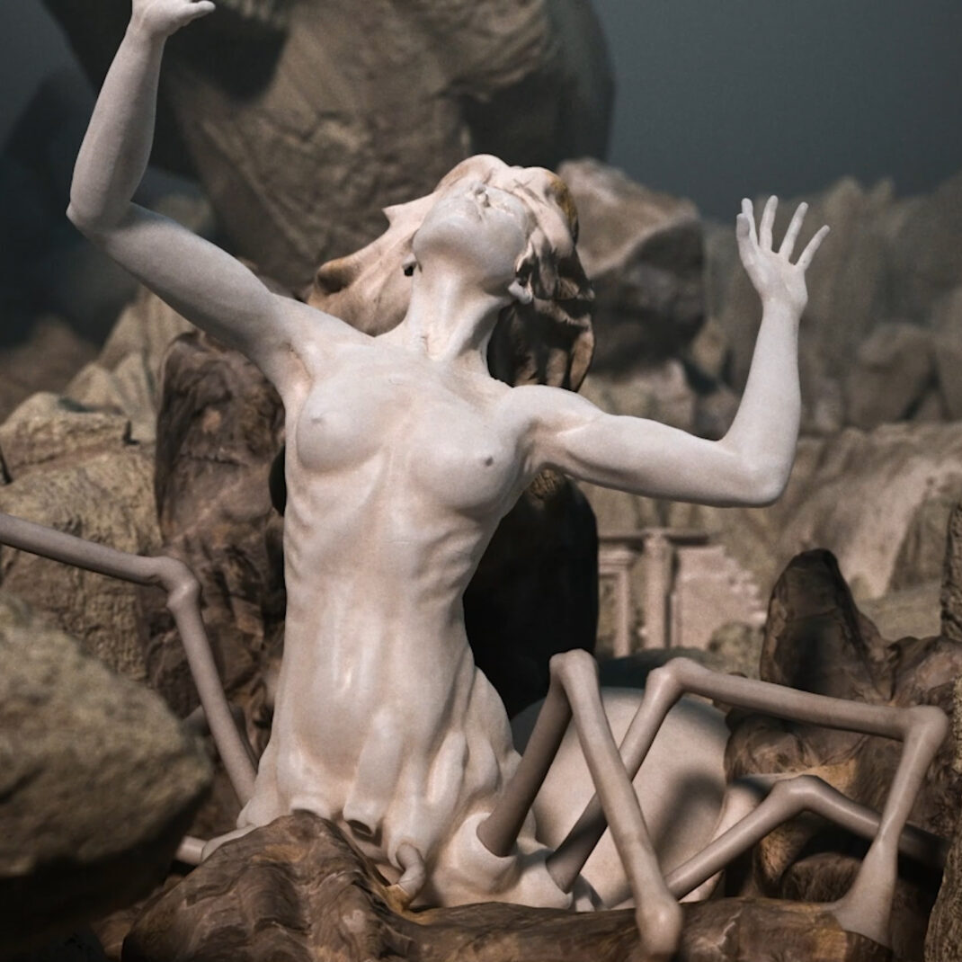 immagine presa dal cortometraggio del purgatorio realizzato da ett di un'anima dannata mezza donna e mezza ragno realizzata con la tecnica del 3d animation