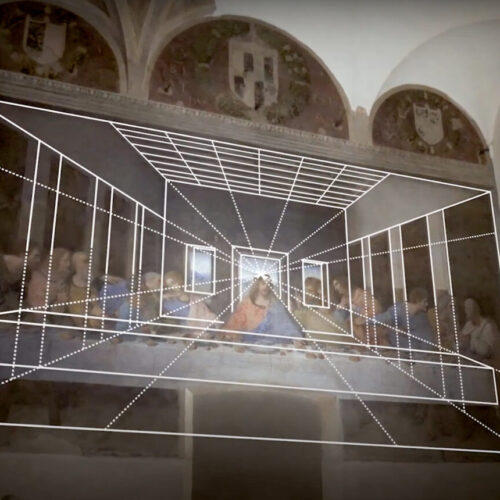 cenacolo vinciano con sovrapposizione delle linee di prospettiva, funzionalità in realtà aumentata presente nell'app di visita cenacolo vinciano sviluppata da ETT
