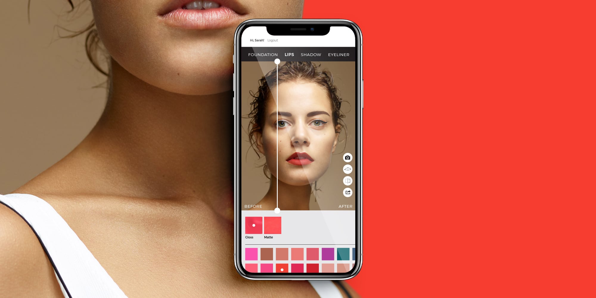 mockup applicazione realizzata da ett per deborah, in cui attraverso la realtà aumentaata e un selfie puoi provare i cosmetici prima di acquistarli, direttamente sul sito