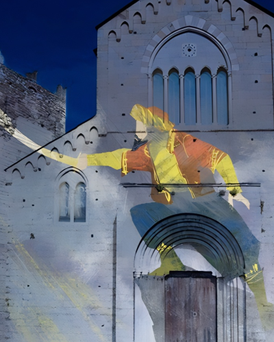 render di una proiezione di un uomo su un precipizio con una spada su una chiesa antica