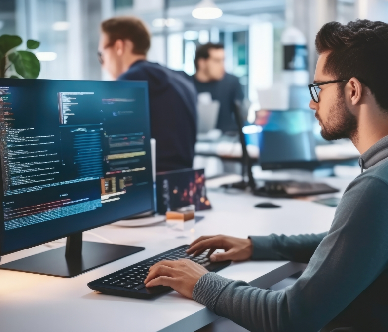 Ragazzo con gli occhiali seduto alla scrivania davanti allo schermo di un computer mentre programma attraverso codici