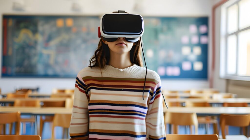 Ragazza con visore di realtà virtuale in aula