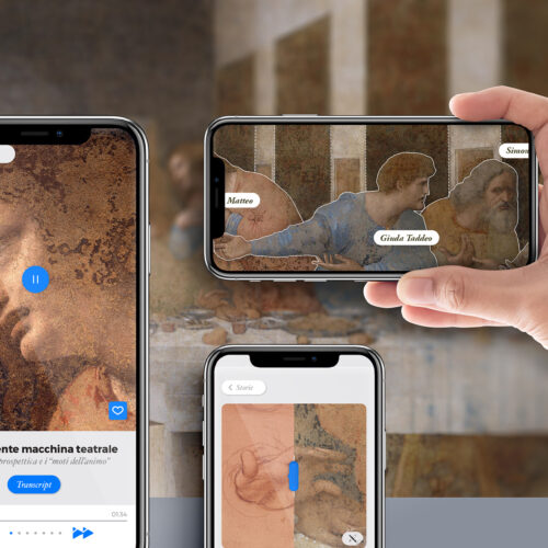 3 schermate dell'app cenacolo vinciano sviluppata da ETT, una di queste mostra la realtà aumentata
