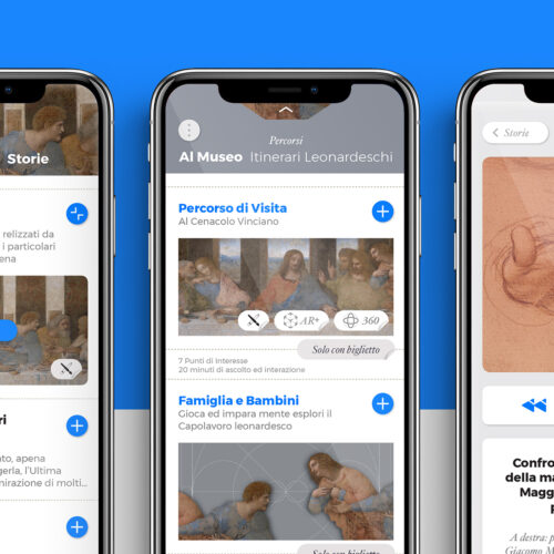 tre schermate dell'app cenacolo vinciano sviluppata da ETT