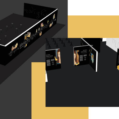 modellino digitale 3d dell'installazione e dell'allestimento all'interno del museo per la mostra di modigliani