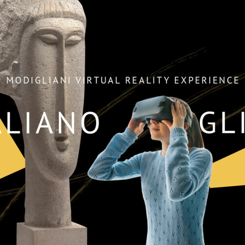 locandina Exhibition modigliani, sulla sinistra statua di modigliani, sulla destra ragazza con visore vr, modigliani virtual reality experience, realizzata da ett