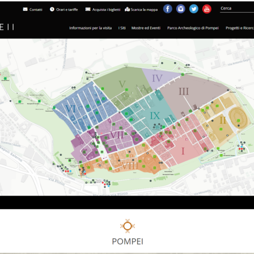screen dello schermo sulla sezione della mappa divisa in zone attraverso numeri romani abbinati ciascuno ad un diverso colore sul sito di pompeii