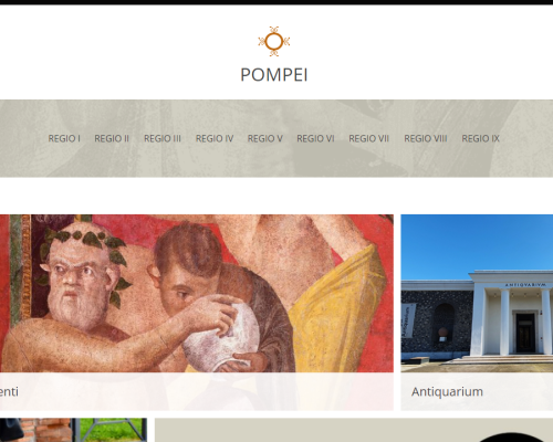 screen homepage di pompeii con men sezione approfondimenti con immagine di un affresco e sezione antiquarium