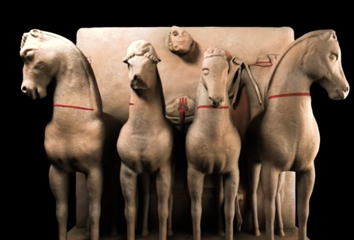 immagine dell'esperienza vr, realizzata da ett: scultura con 4 cavalli che trasportano un uomo e della merce, all'interno del museo salizas