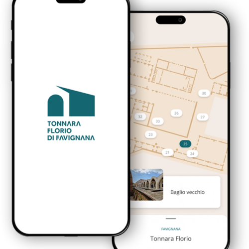 due schermate sovrapposto dell'app guida della Tonnara Florio favignana, una con logo e l'altra con alcuni POI