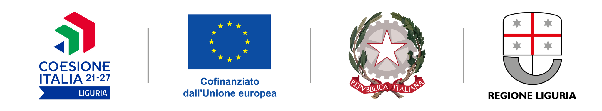 loghi istituzionali legati al progetto Be.Pi, coesione italiana, cofinanziato dall'unione europea, repubblica italiana e regiona Liguria