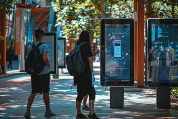 totem touch posti in una strada alberata con cittadini che li osservano