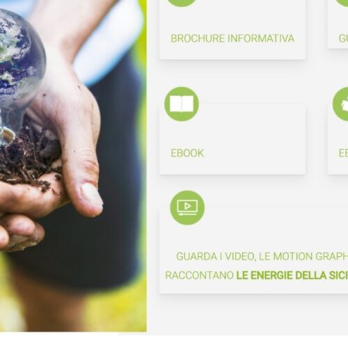 screen di una pagina del sito web del progetto le energie della Sicilia, sulla sinistra l'immagine di due mani con all'interno del terriccio da cui nasce una lampadina con all'interno rappresentato il mondo, sulla destra la descrizione di alcune sezioni del sito e contenuti da scaricare, tra cui: Brochure, Guida, Ebook didattico, Video